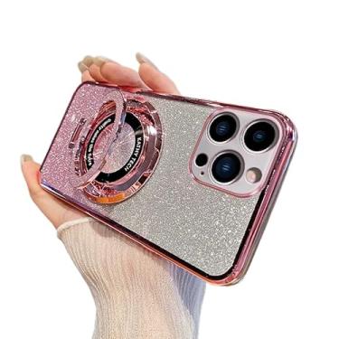 Imagem de MEMAXELUS Capa para iPhone 15 Pro Max com glitter brilhante diamante luxuoso chapeamento silicone TPU capa macia protetor de câmera com anel magnético suporte capa para iPhone 15 Pro Max, ouro rosa