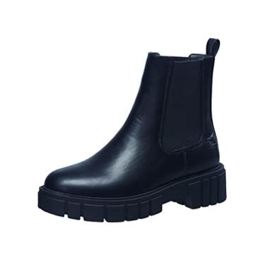 Imagem de C&C California Botas Chelsea Chelsea pretas grossas da moda, sapatos de salto baixo, plataforma, botas ocidentais para mulheres com sola saliente e painel elástico duplo, Preto, 41