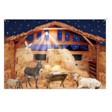 Imagem de Zliisang Cenário de presépio de 1,8 x 1,8 m com palha, feno, vaca, ovelha, fazenda, presépio de Jesus, Hayloft, belém, celeiro de madeira, estábulo, decoração de festa