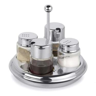 Imagem de Galheteiro De Mesa Com 4 Vidros Azeite Vinagre Sal Pimenta Salada Forma Saleiro Vinagreiro Azeiteiro