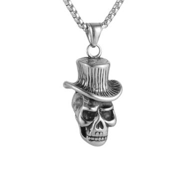 Imagem de Colar com pingente de caveira de palhaço com capuz retrô gótico masculino e feminino, material de aço inoxidável 316L, corrente quadrada de pérola de aço inoxidável prata, presente de joia vintage