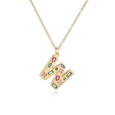 Imagem de LuvQaze Colar de zircônia colorida com inicial para mulheres, banhado a ouro 18 quilates, colar com pingente de letra e presente de aniversário para namorada, esposa, mãe, filha, Small, Cobre, Sem