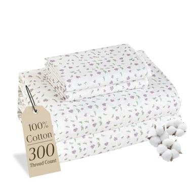 Imagem de MCO Jogo de lençol 100% algodão estampado floral, conjunto de lençóis Queen de algodão 300 fios, bolso profundo de 40,6 cm, lençóis de resfriamento respiráveis, 4 peças (Queen, roxo floral)