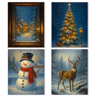 Imagem de Noaleviax Conjunto de decoração de pôster de Natal azul - decoração de parede vintage com tema de inverno, rena, boneco de neve, imagens de Natal, arte de parede para quarto, sala de aula, dormitório