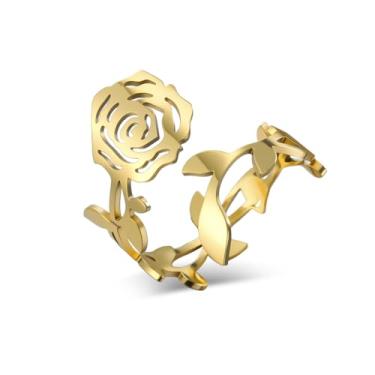 Imagem de Izpack Anel de flor de rosa oca para mulheres, aço inoxidável, ajustável, aberto, floral, folha, envoltório, anéis, noivado, aniversário, compromisso, amor, joias, minimalistas, dia dos namorados
