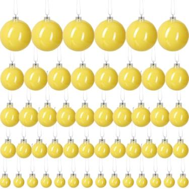 Imagem de 50 peças, 5 tamanhos, enfeites de bola de Natal amarelos, decorações de árvore de Natal inquebráveis com laço para pendurar e corda, bola decorativa de Natal para decoração de guirlanda de guirlanda