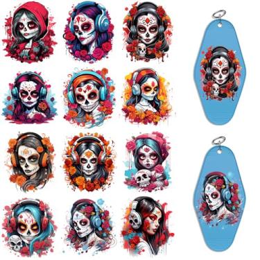 Imagem de Elewins Envelope UV DTF – 24 folhas de papel de transferência UV DTF para chaveiro e etiquetas de bagagem, impermeável para chaveiro de hotel (Sugar Skull Girl)