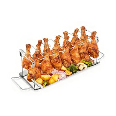 Imagem de Kofebe Suporte de perna de frango, suporte de 14 baquetas com bandeja coletora, rack de pirulito de frango de aço inoxidável para defumador, churrasqueira, forno, piquenique, acessórios portáteis para