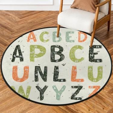 Imagem de Tapete redondo de 1,8 m com gráfico do alfabeto, retrô, macio, redondo, antiderrapante, lavável, tapete circular, tapete redondo, interior, quarto, berçário, sala de estar, cozinha, banheiro, entrada