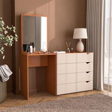 Imagem de Cômoda com Espelho Porto 4 Gavetas Freijó e Creme