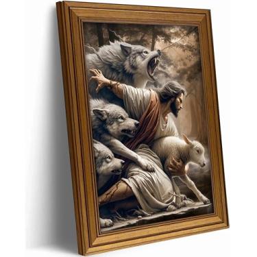 Imagem de Arte de parede vintage com moldura dourada Jesus e Cordeiro Jesus salva a ovelha perdida impressões cristãs em tela Shepherd Protect a Lamb from Wolves Picture Religious Painting Poster Artwork for