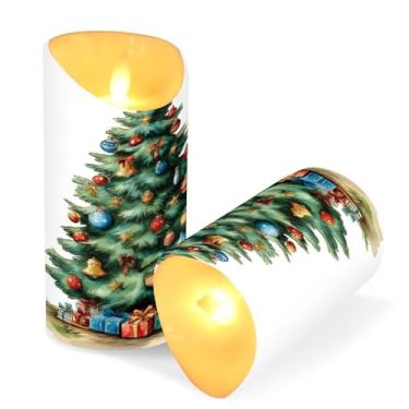 Imagem de Blueangle Pacote com 2 velas de árvore de Natal em aquarela sem chama com controle remoto e temporizador, velas LED cintilantes (7,6 cm x 9,9 cm) para decoração de casa, casamento, acampamento (98)