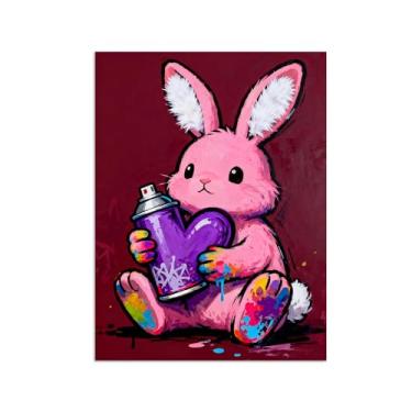 Imagem de Animais Pintura Arte Parede - Coelho Cor Rosa - Impressões em tela - Moderno Colorida Pôster para decoração sala de estar 80x105cm Sem Moldura