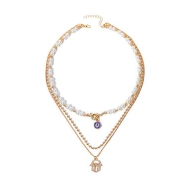 Imagem de Vanstyle Colar de ouro, banhado a ouro e prata em camadas grossas para mulheres requintadas moedas vintage empilháveis medalha diamante estrela pingente de pérola joia feminina (ouro/prata), Zinco