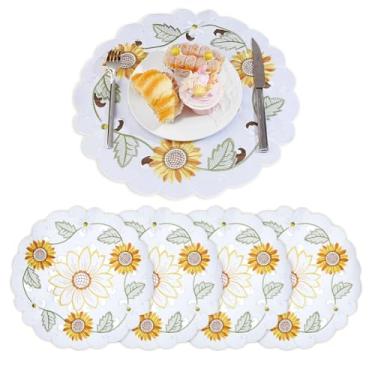 Imagem de SUPERFINDINGS 5 peças de girassol, jogo americano bordado, redondo, bordado, flores florais, cachecol, cômoda, 15,55 ~ 39,7 cm, tapete de copo de poliéster para casa, jantar, férias, cozinha, mesa