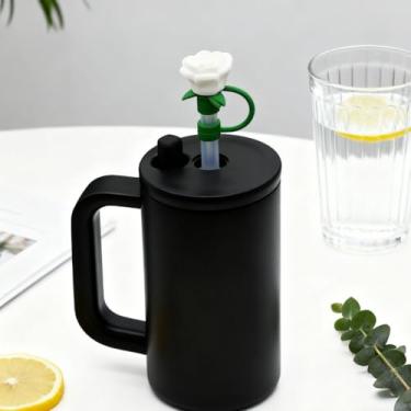 Imagem de Topper de palha rosa branca com canudo de silicone, conjunto de canudo decorativo reutilizável para copos e copos