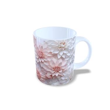 Imagem de Caneca de Cerâmica 325ml com Design de Flores 3D Coloridas, Estampa Floral Rosa, Azul e Amarelo (14117)