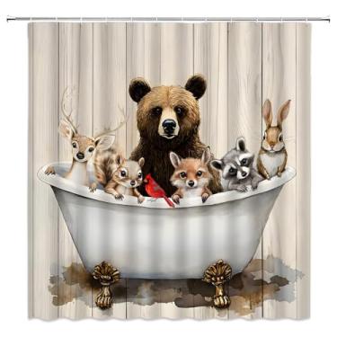 Imagem de WUASDCS Cortina de chuveiro animais de fazenda urso veado coelho raposa guaxinim esquilo pássaro vermelho na banheira tábua de madeira rústica decoração de banheiro cortinas de tecido de poliéster com