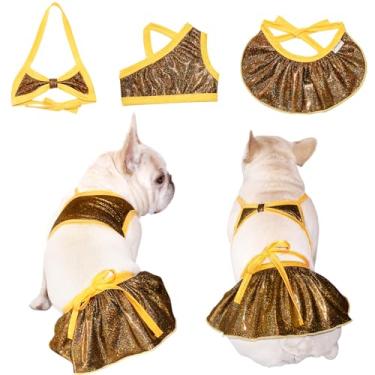 Imagem de TONY HOBY Biquíni para cães, maiô brilhante para cães à beira-mar, piscina, roupa de banho para cães pequenos e médios (3 peças, amarelo, G)