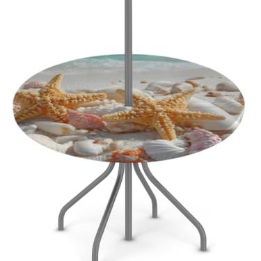 Imagem de Toalha de mesa para uso ao ar livre com orifício para guarda-chuva, oceano, praia, estrela-do-mar, redonda, com zíper oculto, capa de mesa de piquenique elástica para acampamento, para pátio, jardim