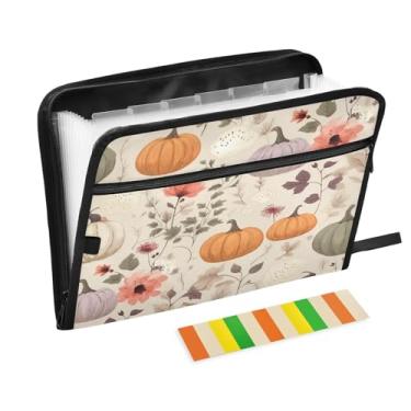 Imagem de Wassud Organizador de arquivos sanfonado com estampa de abóboras de outono, 13 bolsos, pastas de arquivo expansíveis com abas e adesivos, tamanho carta A4, papel para recibos, documentos, pasta
