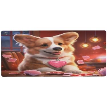 Imagem de Wassud Valentine Corgi (2) mousepad para jogos com base de borracha antiderrapante, mouse pad longo com borda costurada, à prova d'água, grande mesa para escritório, casa, 80 x 39,9 cm