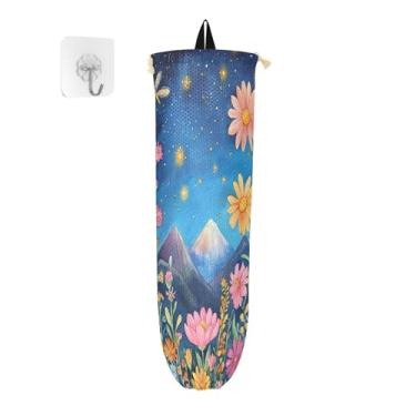 Imagem de xigua Suporte de parede para saco plástico de flores silvestres com montanhas com cordão, pacote com 2, organizador de sacolas de supermercado reutilizável para bolsas, meias, roupas íntimas e