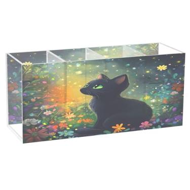 Imagem de Burbuja Porta-canetas de acrílico Black Cat com 4 compartimentos, suporte de lápis transparente para pincéis de maquiagem fixos, acessórios de mesa de escritório em casa