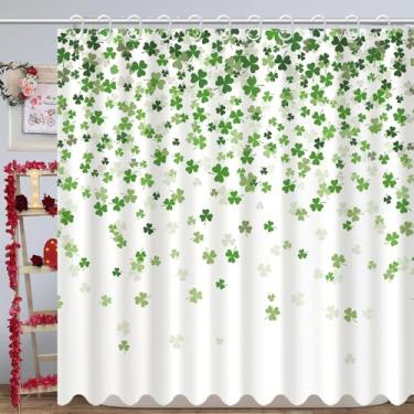 Imagem de Fanghui Cortina de chuveiro do Dia de São Patrício 182 x 182 cm, trevo verde, tema irlandês, branco, para casais, aniversários, decorações de banheiro, material de poliéster para banheira