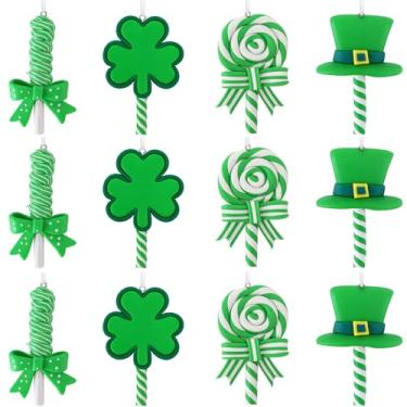 Imagem de codree 12 peças de enfeites de pirulitos de trevo do dia de São Patrício, decoração de pirulitos torcidos de trevo irlandês, chapéu de trevo verde, enfeites de argila de polímero de pirulito de doces