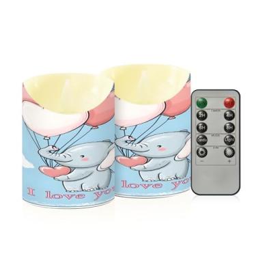Imagem de Wassud Pacote com 2 lindos balões de coração de elefante de desenho animado velas sem chama com controle remoto, velas realistas cintilantes com temporizador, velas decorativas para Natal, casamento