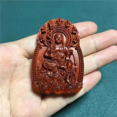 Imagem de FENNYYAR Pingente de estátua de Buda de Bodhisattva esculpido em sândalo roxo, colar Feng Shui do zodíaco chinês