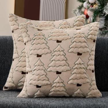 Imagem de Allorry Capas de almofada de Natal 45,7 x 45,7 cm, conjunto de 2 capas de almofada bordadas de árvore de Natal bege com borda verde, capa de almofada macia de pele sintética para decoração de inverno