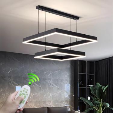 Imagem de Luminária pendente moderna de LED, grande, com 3 anéis, dimerizável, em metal preto, estilo lustre, para quarto ou hall de entrada, com controle remoto. Luminária pendente geométrica para te