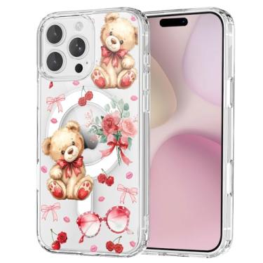 Imagem de OFQKOAKS Capa para iPhone 16 Pro Max, compatível com MagSafe, linda capa de celular romântica com ursinho de pelúcia magnética, capa protetora fina e transparente para amantes