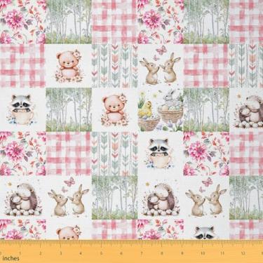 Imagem de Erosebridal Tecido Kawaii da The Yard Cartoon Rabbit Hedgehog Bear Tecido estofado para meninas, rosa, xadrez, buffalo, xadrez, pinheiros, floresta, flores rústicas, flecha, decoração fofa para