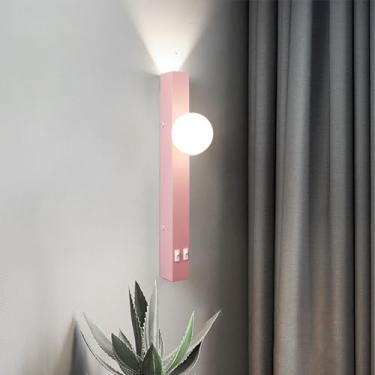 Imagem de GZZBMY LED apliques de parede interior nórdico moderno de metal candeeiros de parede com interruptor de tela de acrílico quarto iluminação para sala de estar corredor cabeceira (luz rosa branca, 40 cm