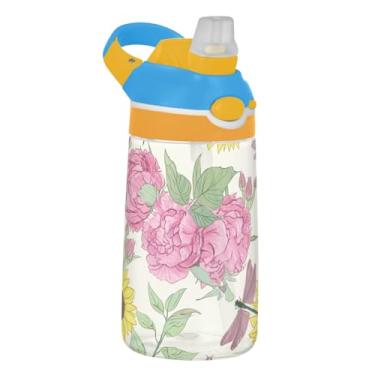 Imagem de Garrafa de água variada de flores e girassóis para crianças com canudo 473 ml Tritan 473 ml Garrafa de água esportiva portátil à prova de vazamento, copo de viagem infantil, reutilizável, alça de