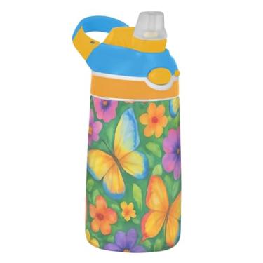 Imagem de Garrafa de água esportiva infantil com borboletas coloridas para escola, 473 ml, garrafa de água Tritan de 473 ml com canudo, copo de viagem infantil à prova de vazamento, reutilizável, alça de