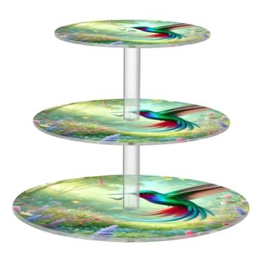 Imagem de Vibrante beija-flor verde jardim 3 camadas suporte para cupcake chá festa acrílico copo bolo torre graduação sobremesa suportes decorações de mesa para festa personalizado