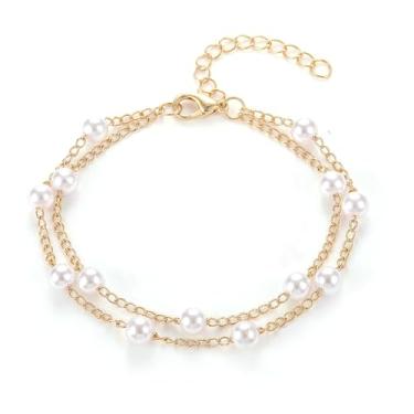 Imagem de Pulseiras de pérolas para mulheres, pulseira de pérolas e ouro, corrente delicada com contas, joias de pérolas para casamento, empilháveis, não manchadas, joias para presentes de casamento, dama de