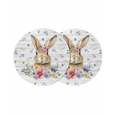 Imagem de Jogo americano redondo de Páscoa, conjunto de 2 tapetes de mesa de coelho para decoração de mesa de jantar, jogo americano trançado redondo de primavera, resistente ao calor, lavável, grão de madeira