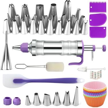 Imagem de Conjunto de seringas para decoração de sobremesas, kit de tubulação de gelo, ferramentas de decoração de bolos de aço inoxidável, 30 bocais de confeiteiro, kit de decoração de cupcake - roxo