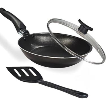 Imagem de Frigideira Francesa Com Tampa De Vidro E Espátula 16cm Antiaderente Teflon Cor Preta Grafite Alumínio Reforçada