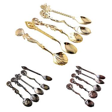 Imagem de 5 Peças Conjunto Colheres Estilo Marinho Vintage de Liga Zinco Gravadas Série Oceano Utensílios Mesa Colher Sobremesa para Chá Café