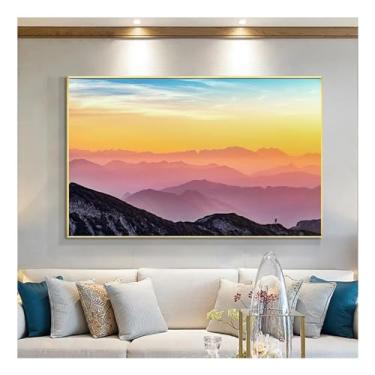 Imagem de Foto colorida de montanha nebulosa moderna impressão em tela pôster de arte de parede rosa azul imagem de paisagem para sala de estar - (75 x 100 cm) moldura interna de 76 x 99 cm