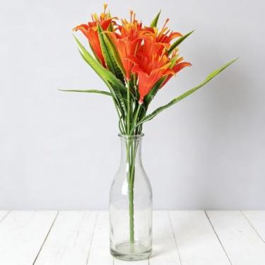 Imagem de 1 buquê de decoração de lírio artificial, 7 cabeças, flores de lírio falsas, decoração de jardim, laranja, vermelho, 33 cm