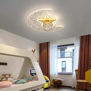 Imagem de Luminária de teto infantil LED em formato de estrela e lua, com cúpula de vidro e controle remoto para ajuste contínuo de intensidade da luz. 40W, ideal para quartos e jardins de infância (D