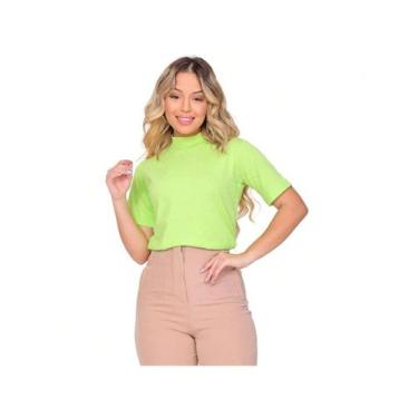Imagem de Blusa Manga Curta Gola Alta Malha Ribana Canelada Feminina Básica Eleg