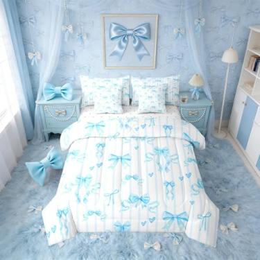 Imagem de Erosebridal Lindo conjunto de edredom solteiro com laço de fita azul, 7 peças, para meninas, crianças, adolescentes, princesas, amor, coração, coquete em uma bolsa com lençóis, conjunto de cama com